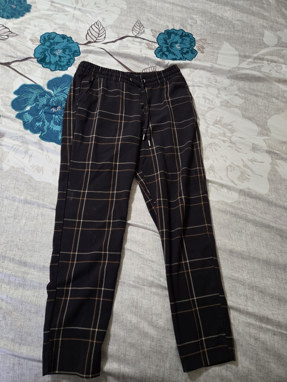 H&M Black Plaid Drawstring Trousers with Tan Grid